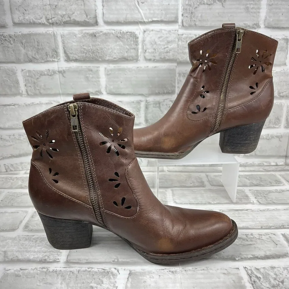 Born Ivy Women's Size 9 Brown Full Grain Leather Laser Cut Western Ankle Boot